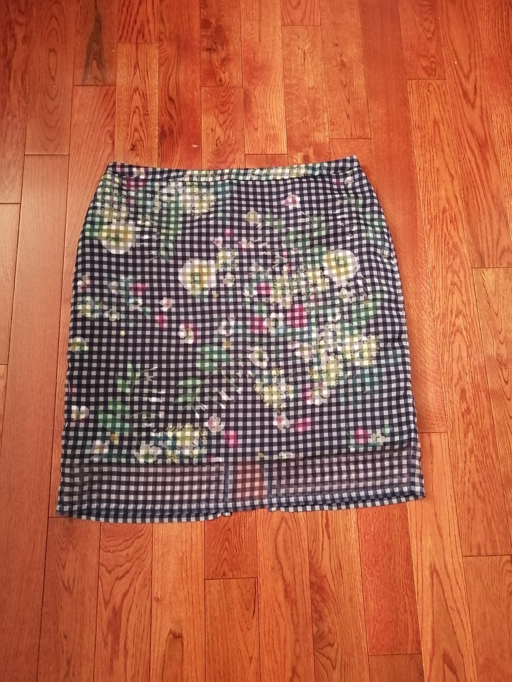 Lord & Taylor Blue and White Gingham Pencil Skirt with Floral Accents - Picture 4 of 5